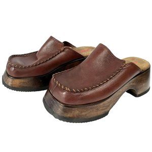 Vintage CANDIE'S Brown Leather & Wood Chunky Platforms Clogs Shoes Heels Size 9